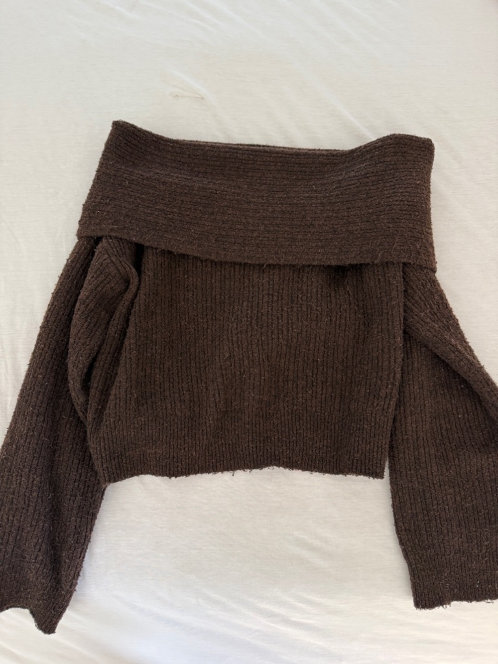 Garage Brown Off-the-Shoulder Ribbed Cropped Sweater